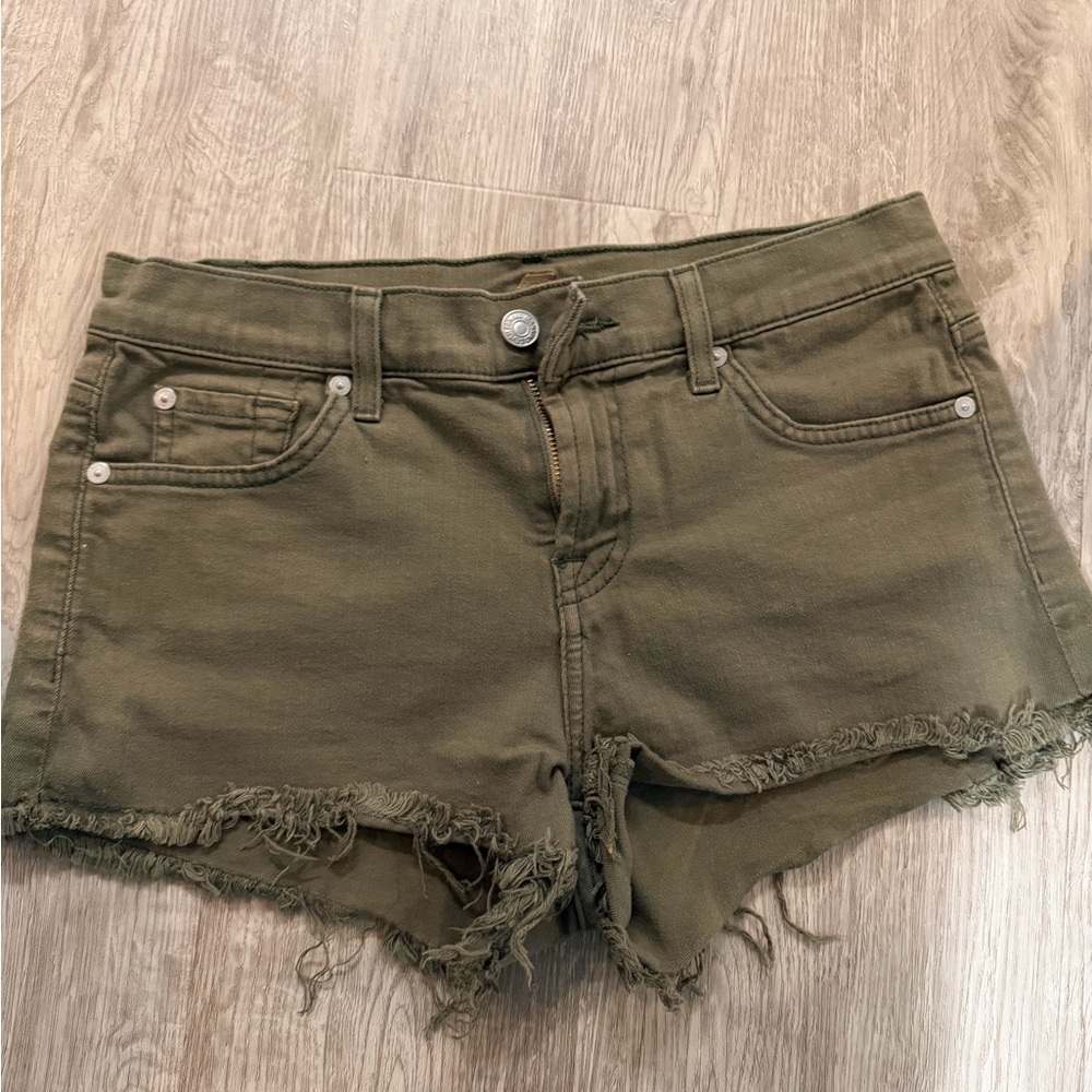 7 For All Mankind Olive Green Frayed Hem Denim Shorts